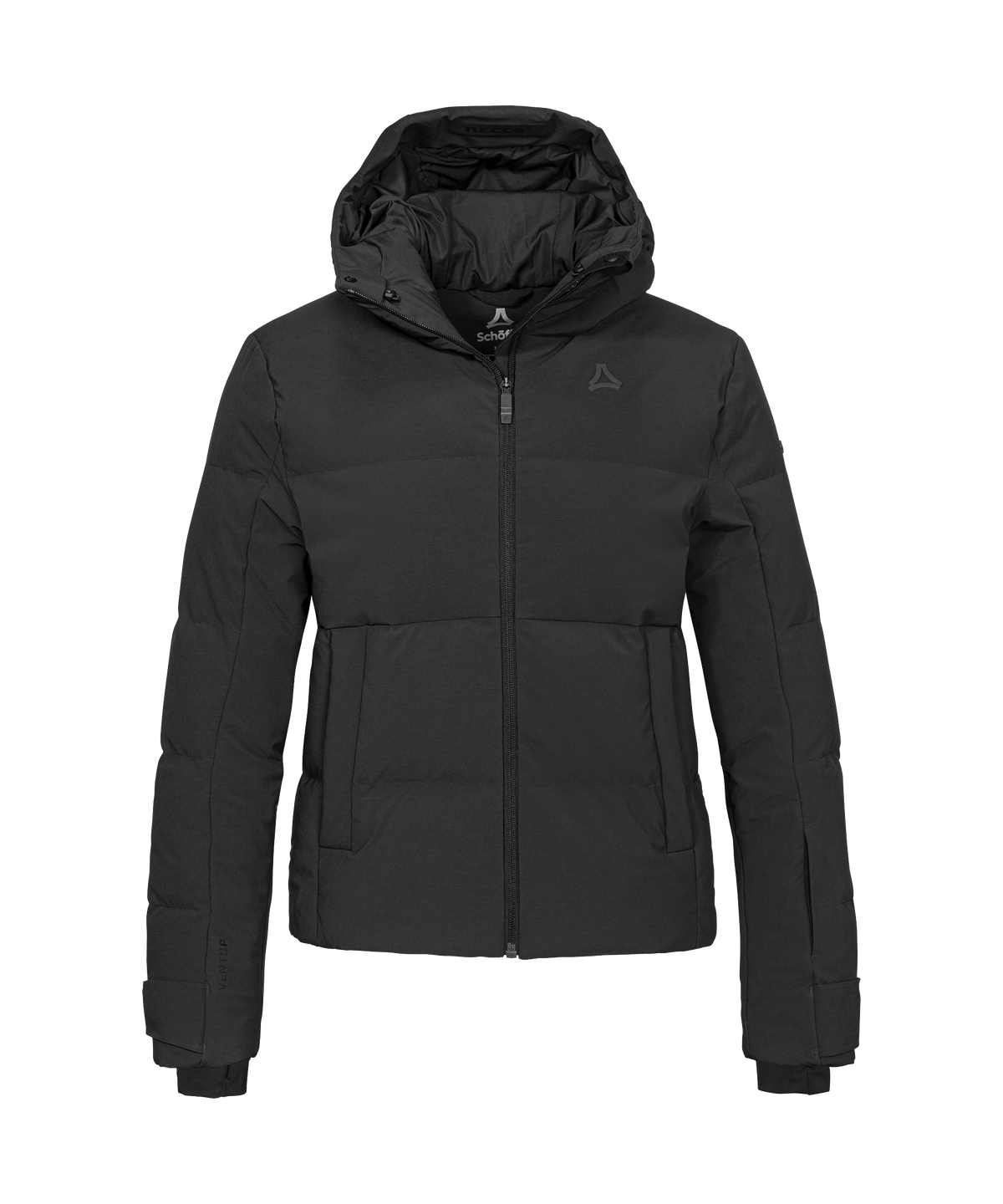 Black schoeller women’s lumineo puffer jacket with hood and front zipper designed for warmth