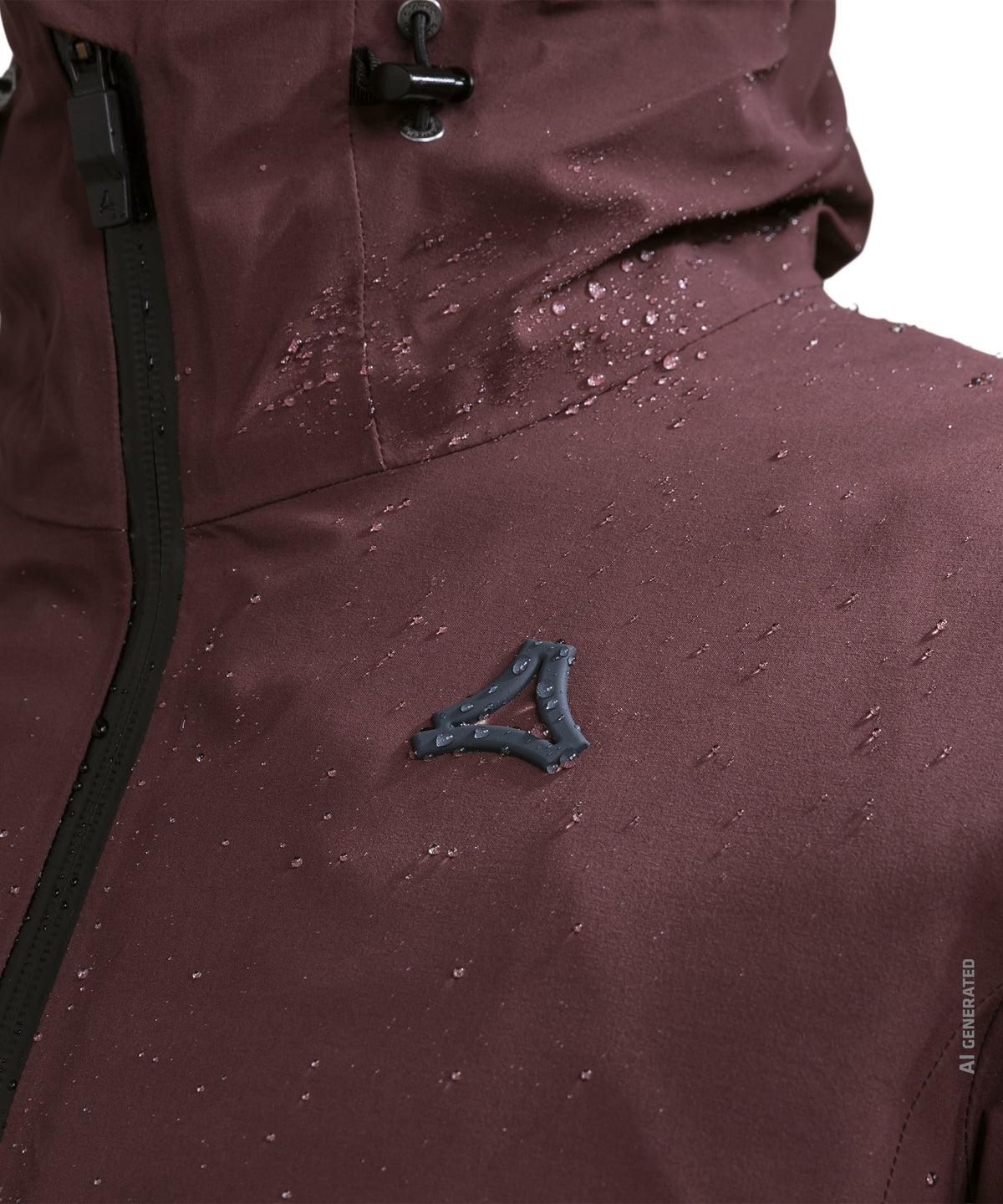 Maroon women’s levivo waterproof jacket with a dark gray triangular logo patch on the chest in dark