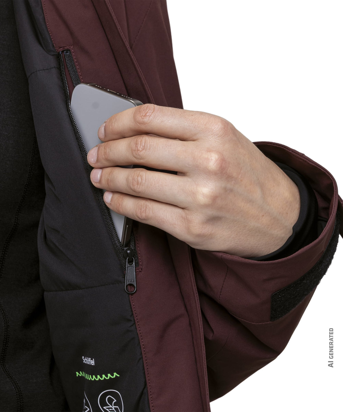 Women’s levivo jacket dark twilight maroon and black insulated with a zippered pocket holding