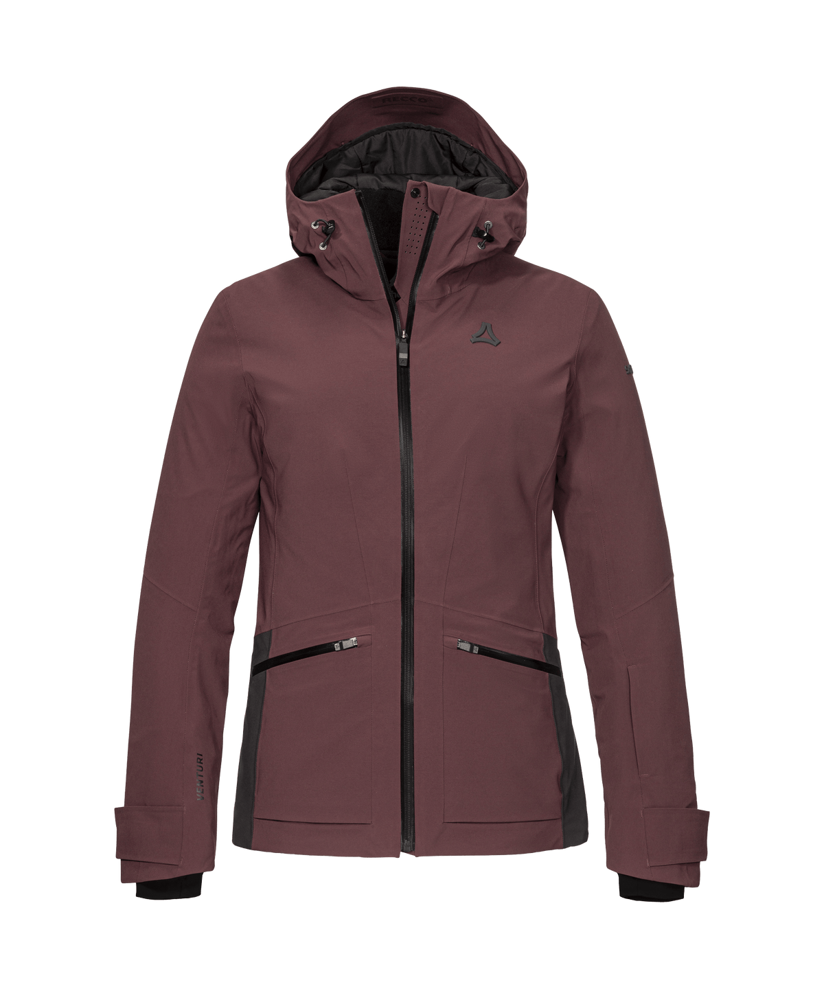 A maroon women’s Levivo ski jacket with hood black zipper accents and subtle brand logo on the chest