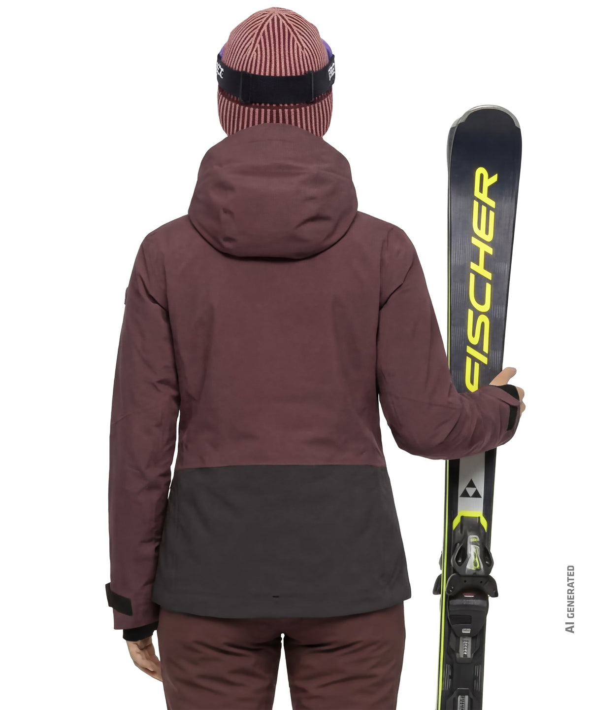 Woman wearing maroon and black two-tone levivo ski jacket with hood holding a fischer ski in dark