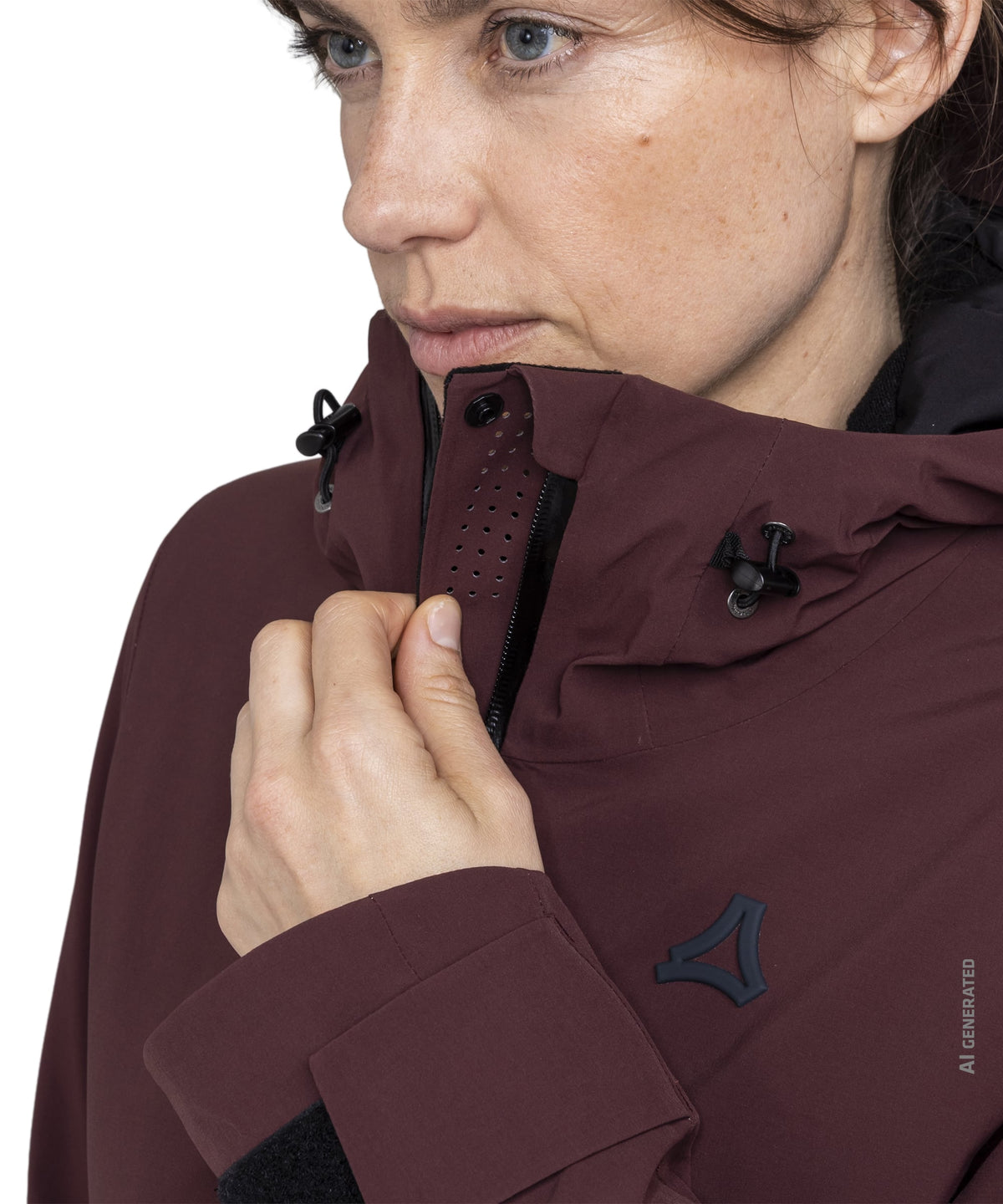 Women’s Levivo jacket dark twilight maroon waterproof with black zipper and adjustable hood visible