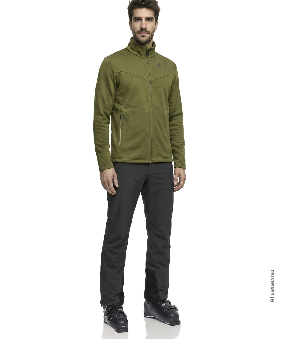 Men’s pine fleece jacket in olive green with zip-up front subtle stitching and small triangular