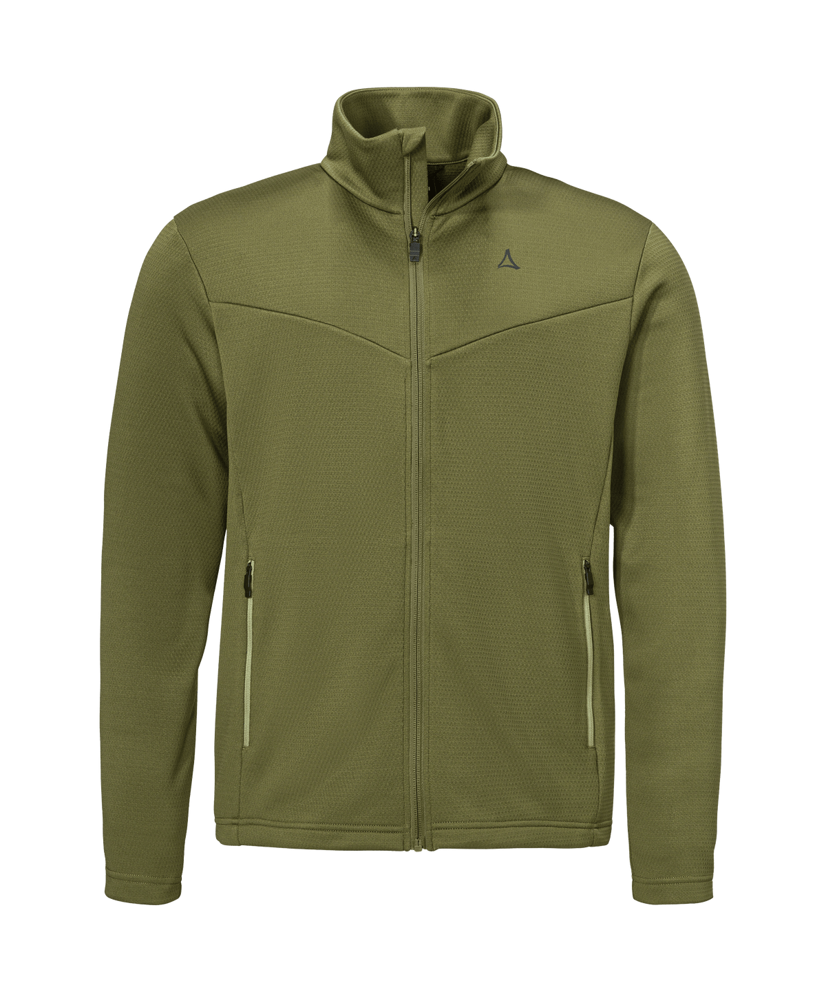 Men’s pine fleece jacket in olive green with subtle textured fabric and light-colored zipper pulls