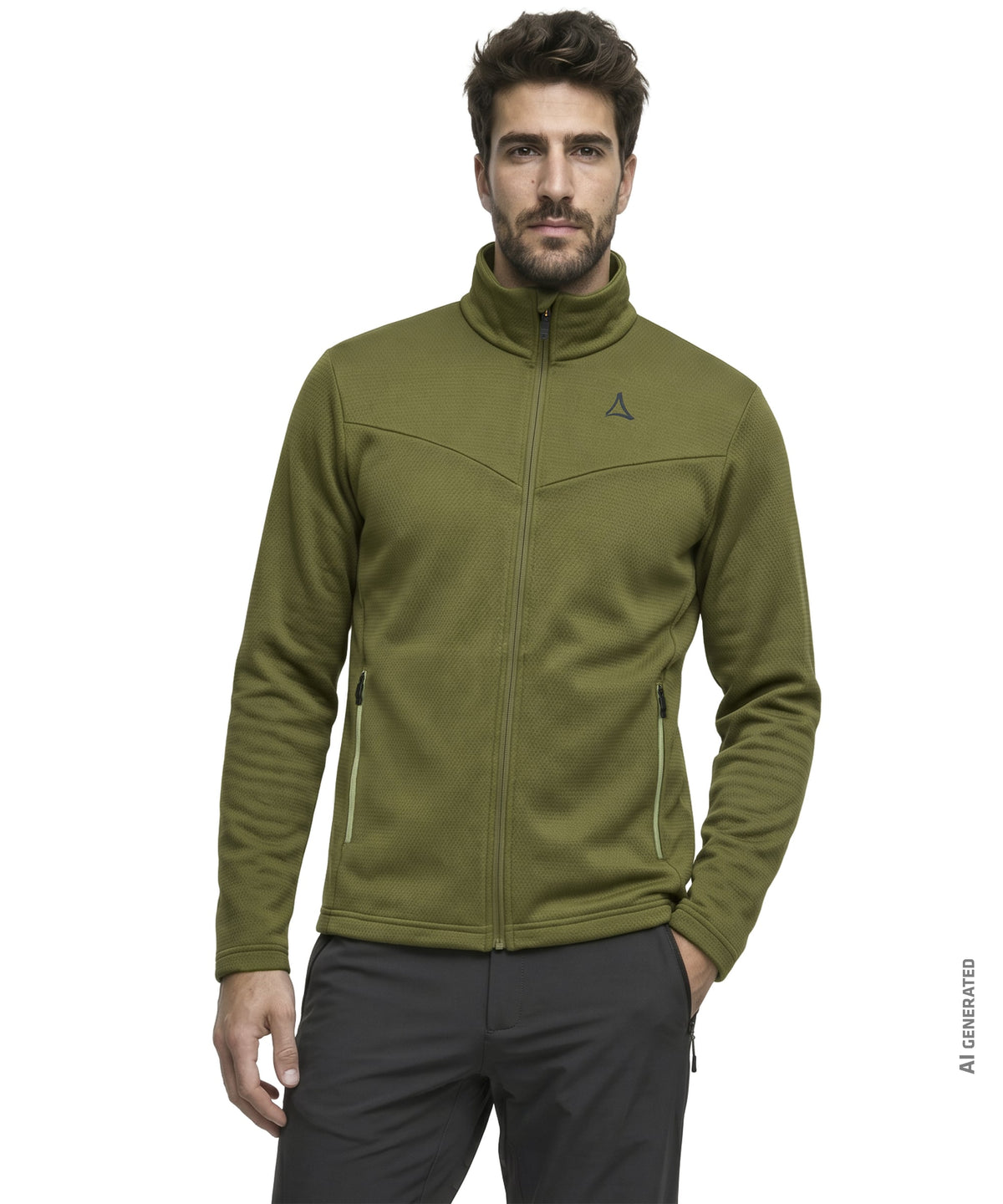 Men’s pine fleece jacket avocado branch in olive green with high collar and zippered pockets
