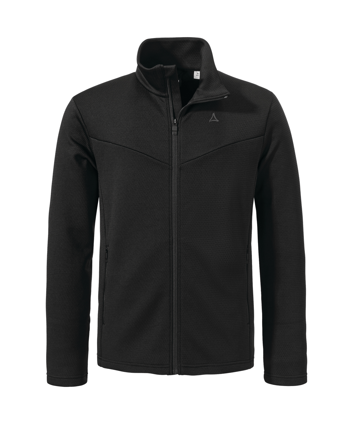 Men’s pine fleece jacket black zip-up with subtle triangular logo on chest made of warm fleece