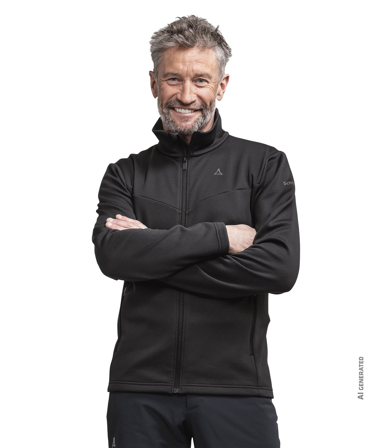 Men’s pine fleece jacket in black zip up with subtle gray logo on chest and sleeve made of soft