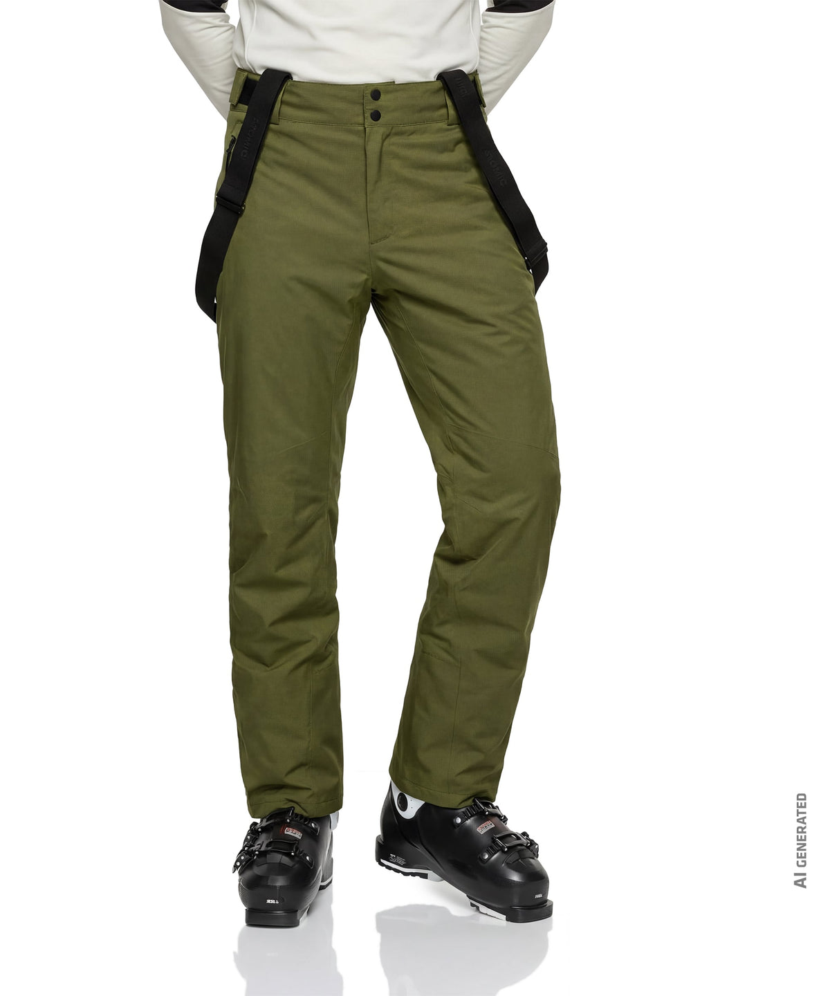 Olive green men’s pine ski pants with black adjustable suspenders and buttoned waistband for winter