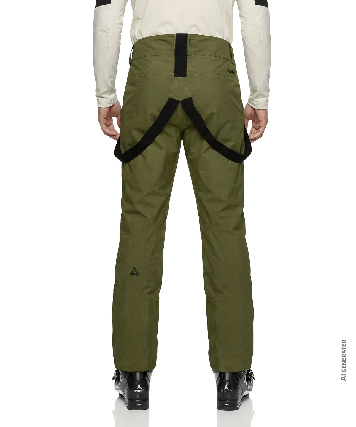 Men’s pine pants avocado branch olive green ski pants with black reinforced straps and subtle thigh