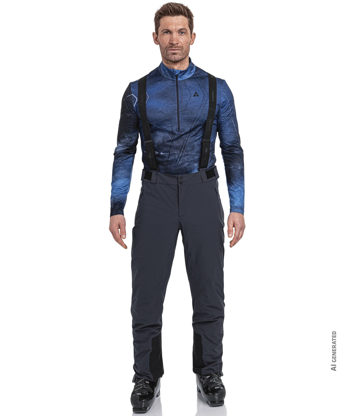 Men’s pine pants navy blazer featuring blue patterned ski jacket with black suspenders and dark