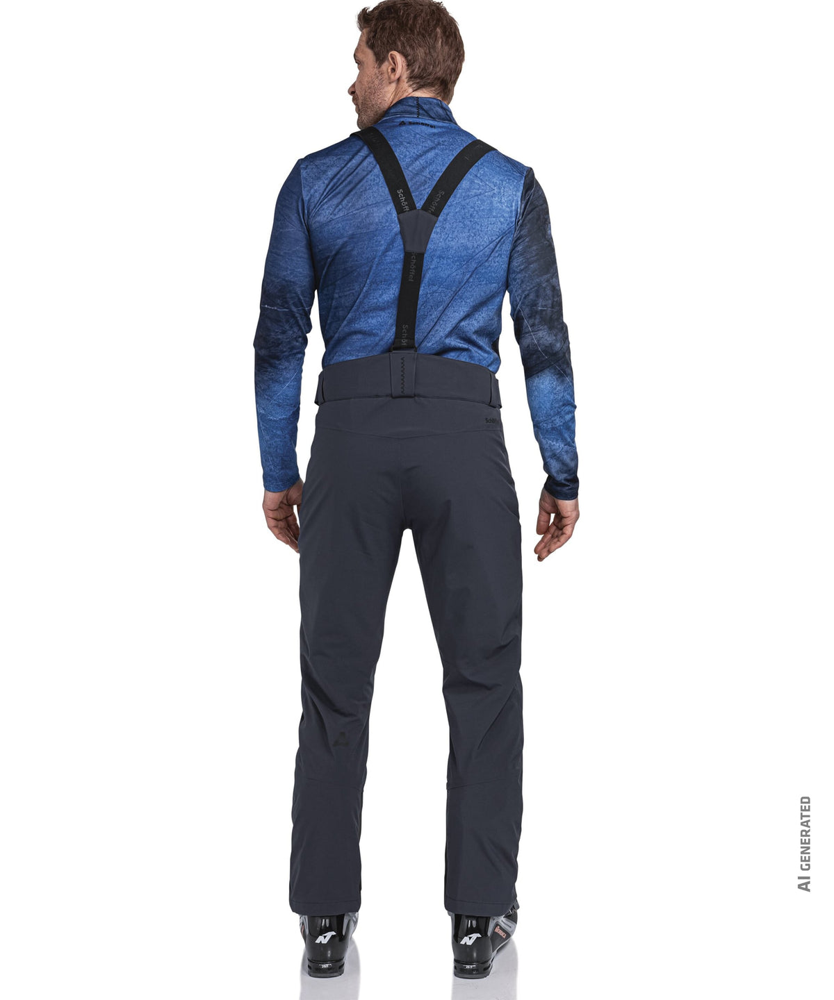 Men’s pine pants navy blazer dark gray ski pants with black suspenders and belt worn by man in blue