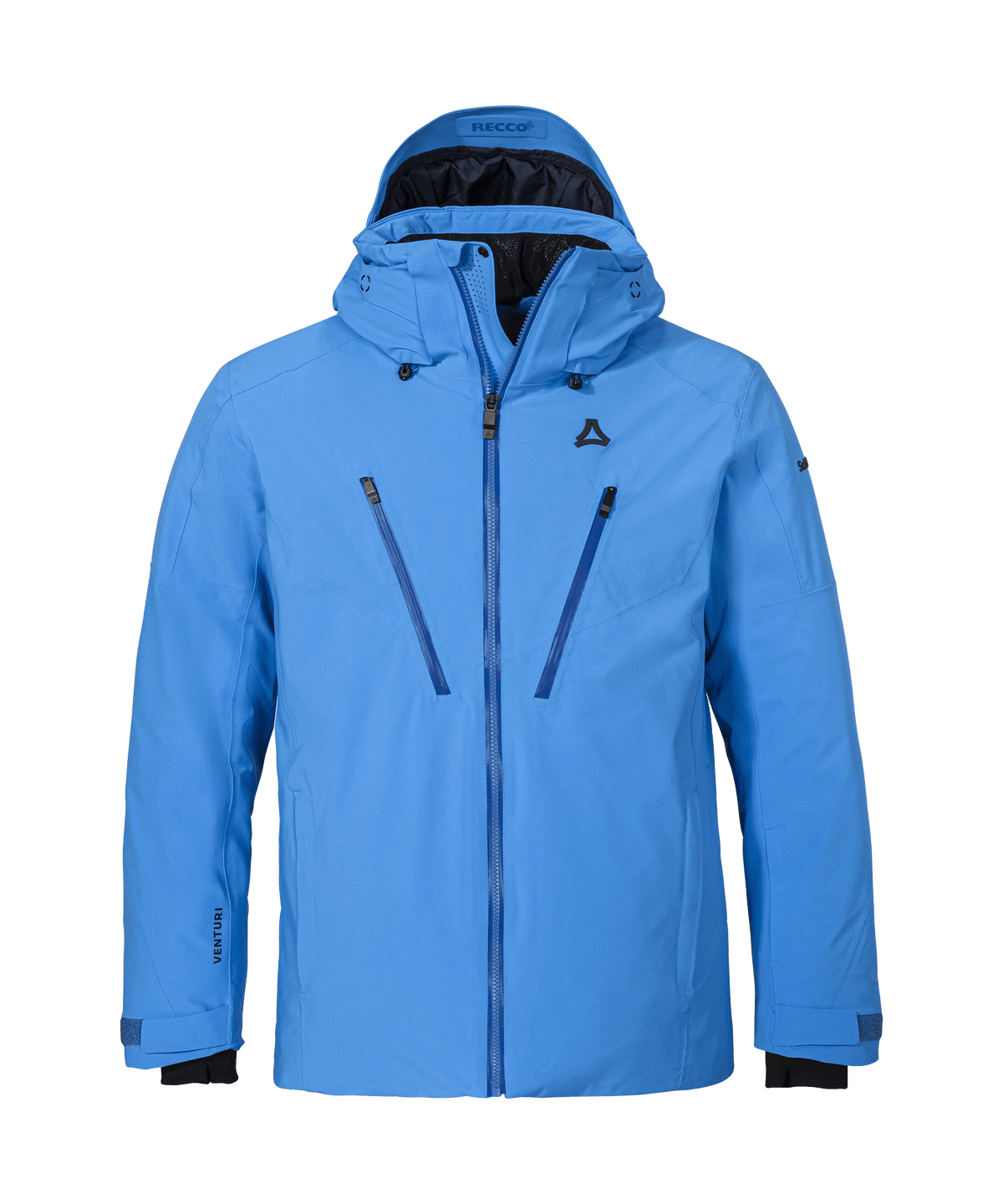 Men’s Skuta jacket vivid blue bright blue waterproof ski jacket with black zipper pulls and subtle