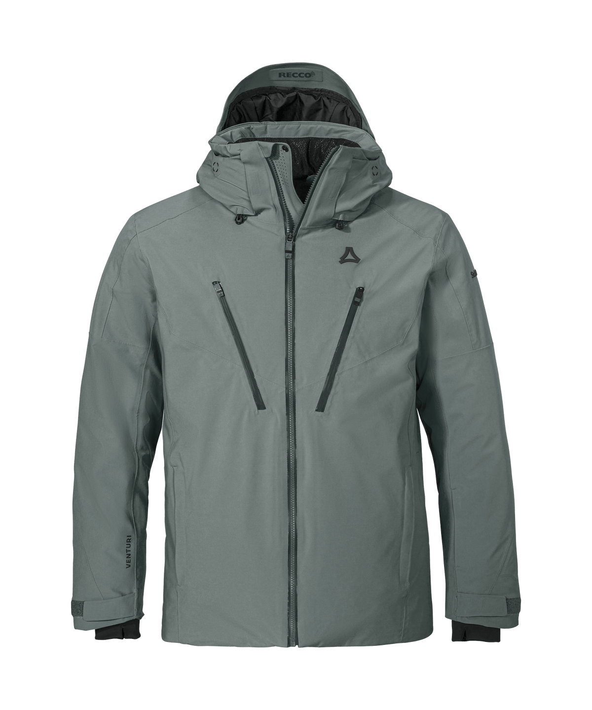 Men’s Skuta jacket steel grey sleek olive green waterproof ski jacket with hood and black zipper
