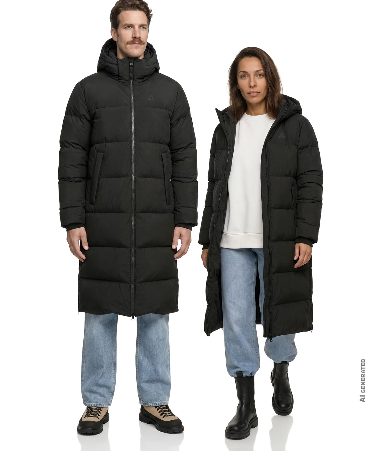Unisex sublimo down coat in black with quilted design and hooded sleeves shown from the back side