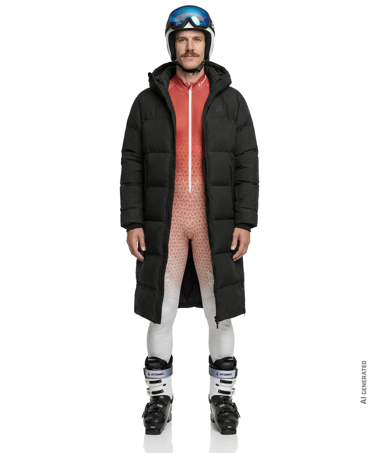 Black unisex Sublimo down coat with quilted puffer design and hood worn over a patterned ski suit