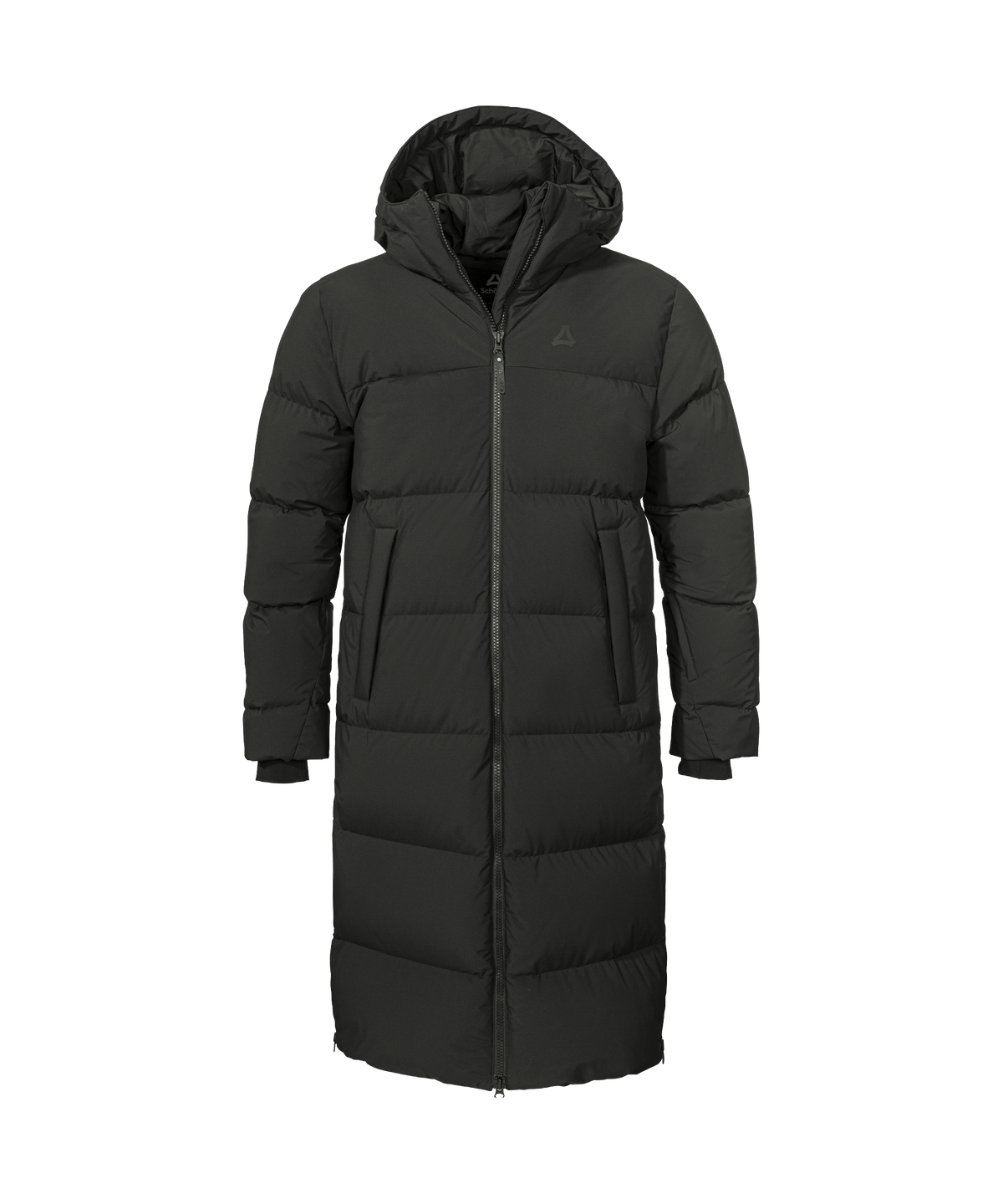 Unisex Sublimo down coat black puffer with hood front zipper quilted panels and two side pockets