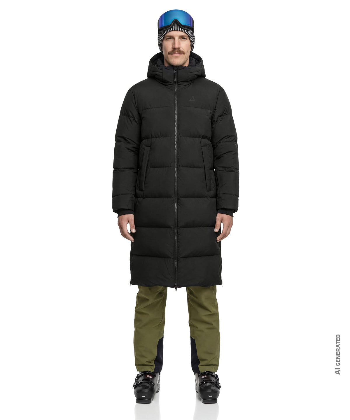 Unisex Sublimo down coat in black with hood, front zipper, quilted panels, and two side pockets