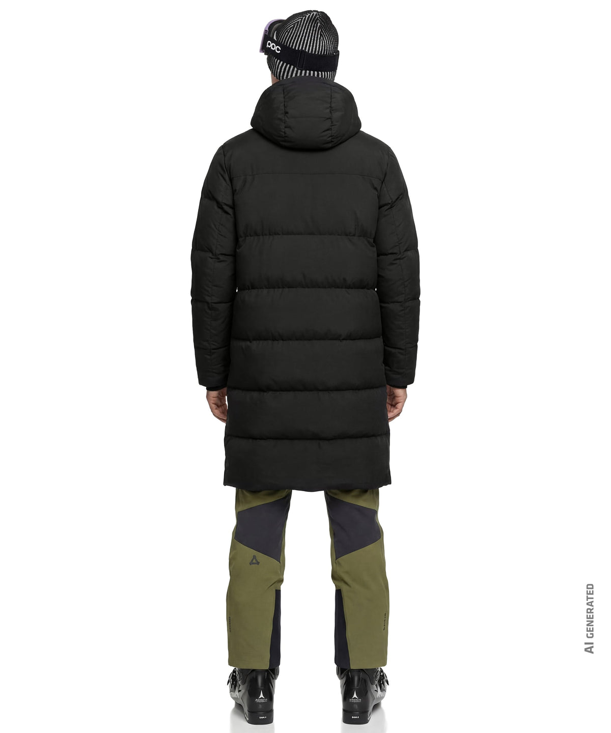 Black unisex sublimo down coat with horizontal stitching and hood made from insulated puffer
