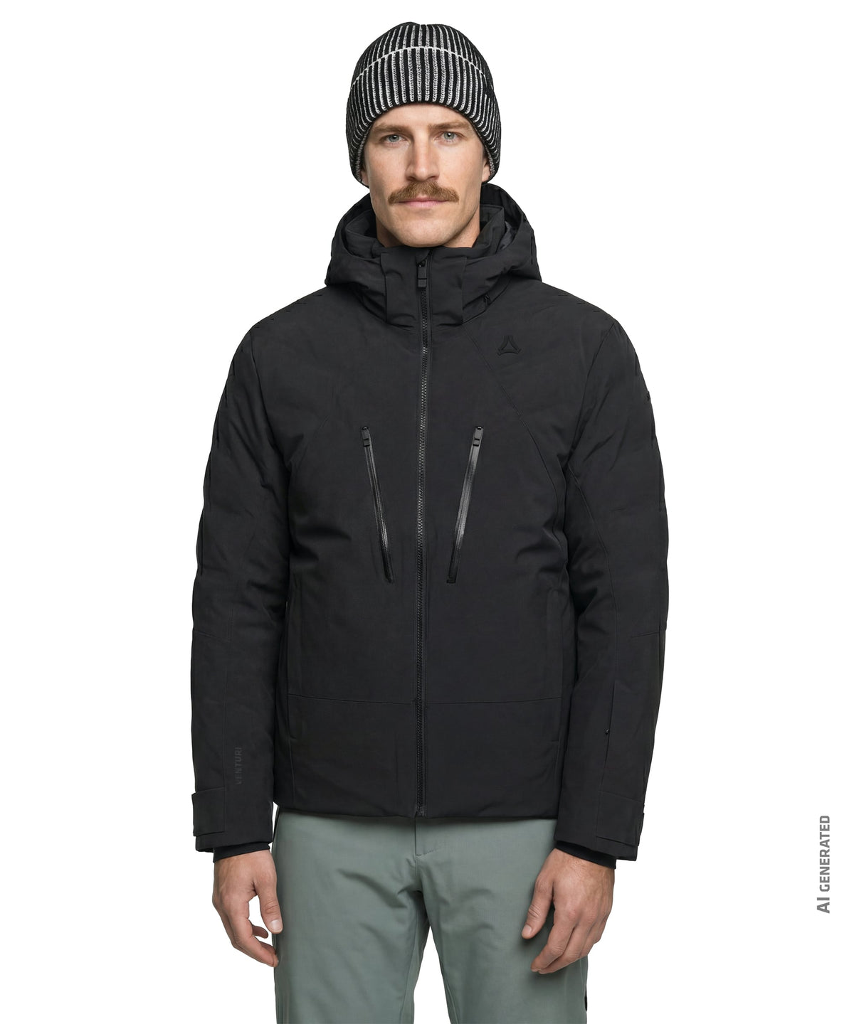 Men’s radiana black puffer jacket with hood front zipper and two vertical chest zippered pockets