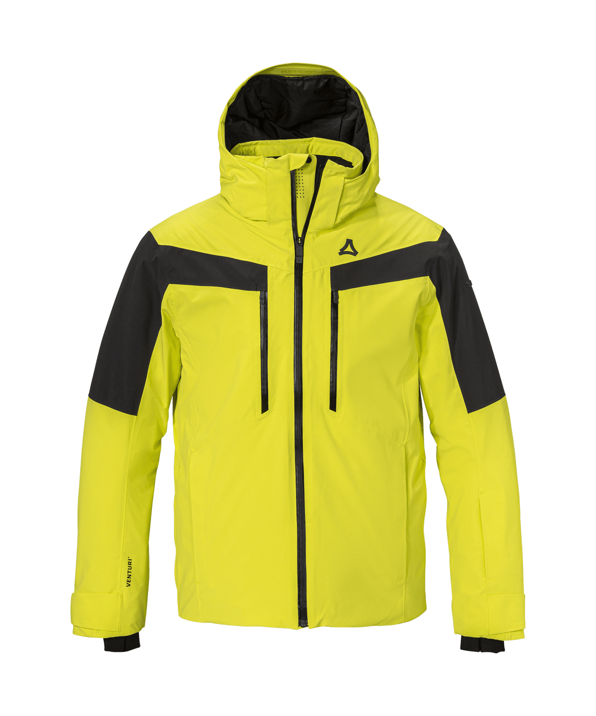 Men’s Safuna jacket Sulphur Sands bright yellow ski jacket with black shoulder accents and dark