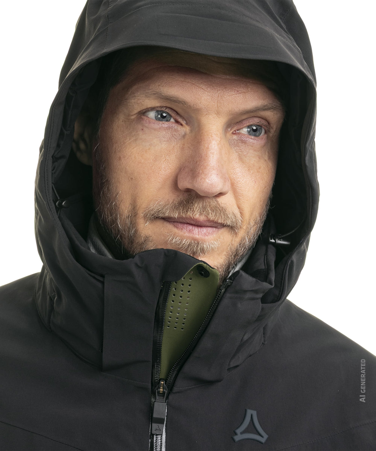 Men’s Safuna jacket avocado branch black hooded jacket with green inner collar and subtle