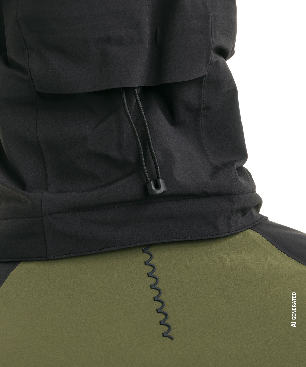 Men’s safuna jacket in black with olive green panel and black drawstring toggle shown from the back