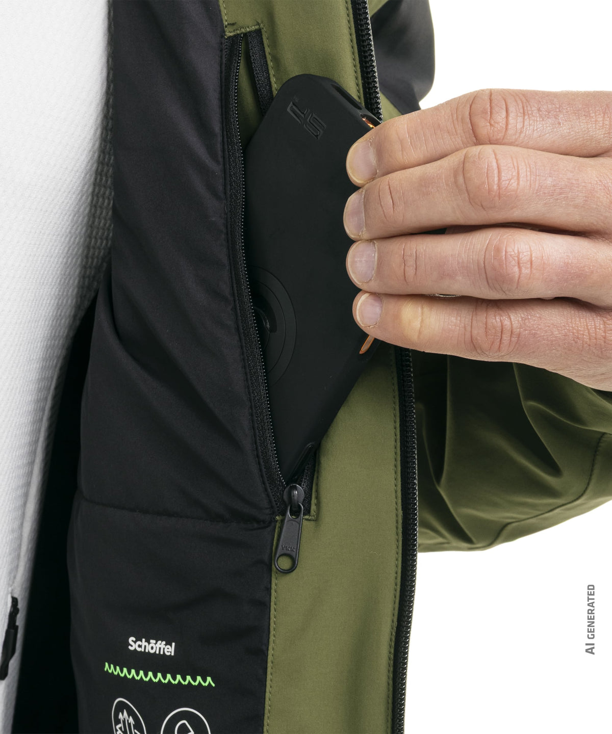 Mens safuna jacket avocado branch olive green black with pocket holding a black matte smartphone