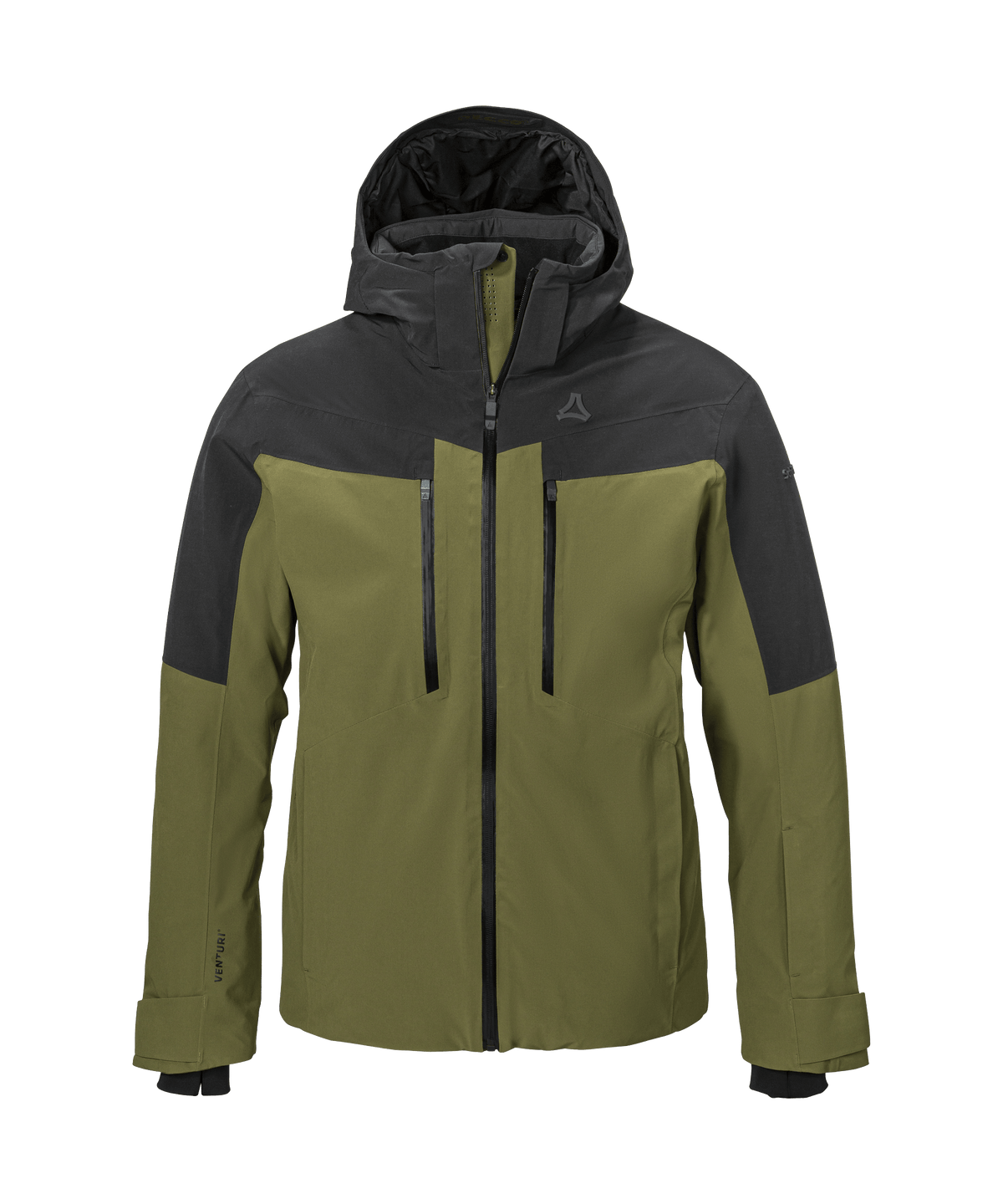 Men’s Safuna jacket avocado branch in olive green and dark gray with hood front zipper and vertical