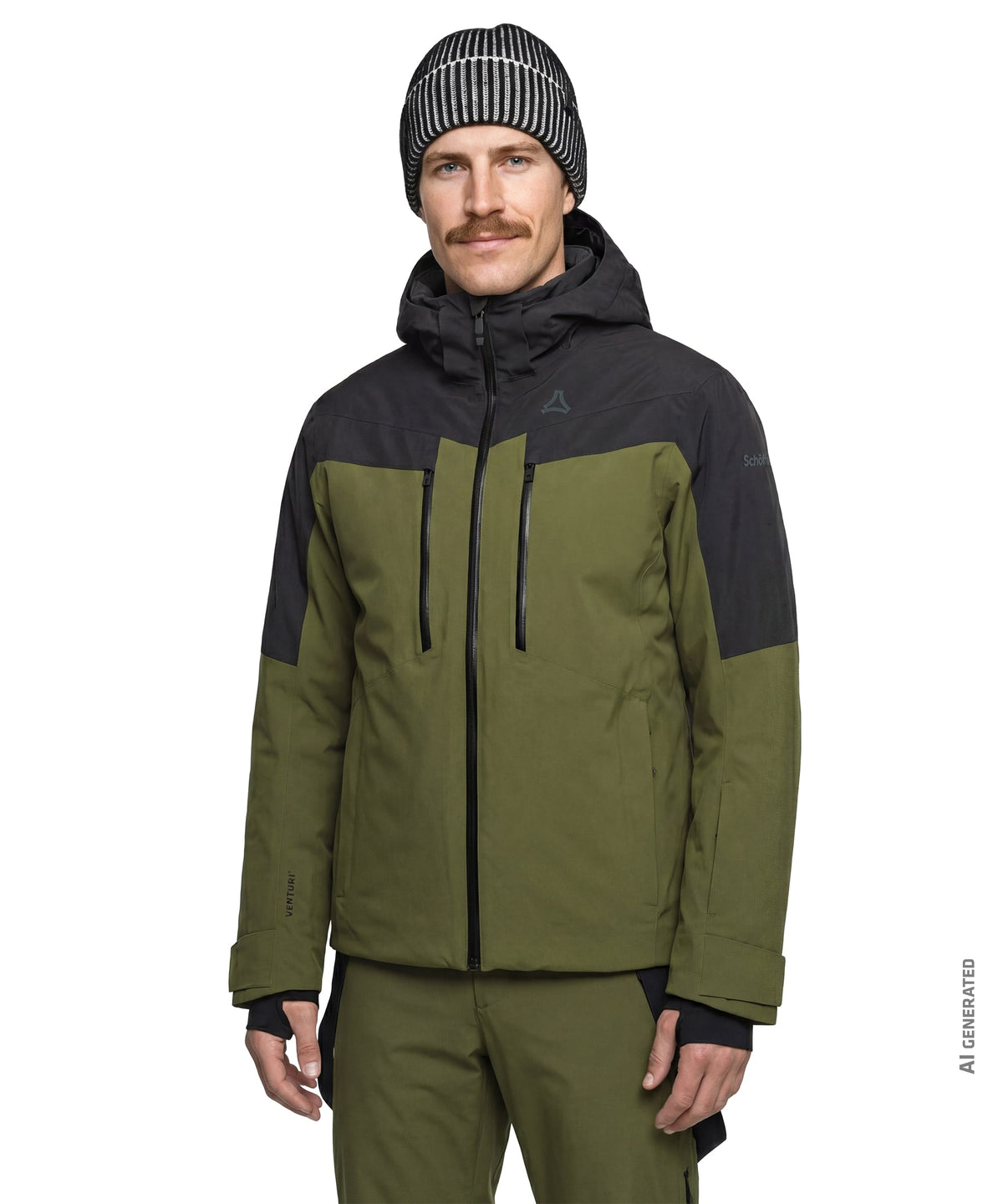 Men’s Safuna jacket avocado branch in olive green and black with hood zippered pockets and subtle