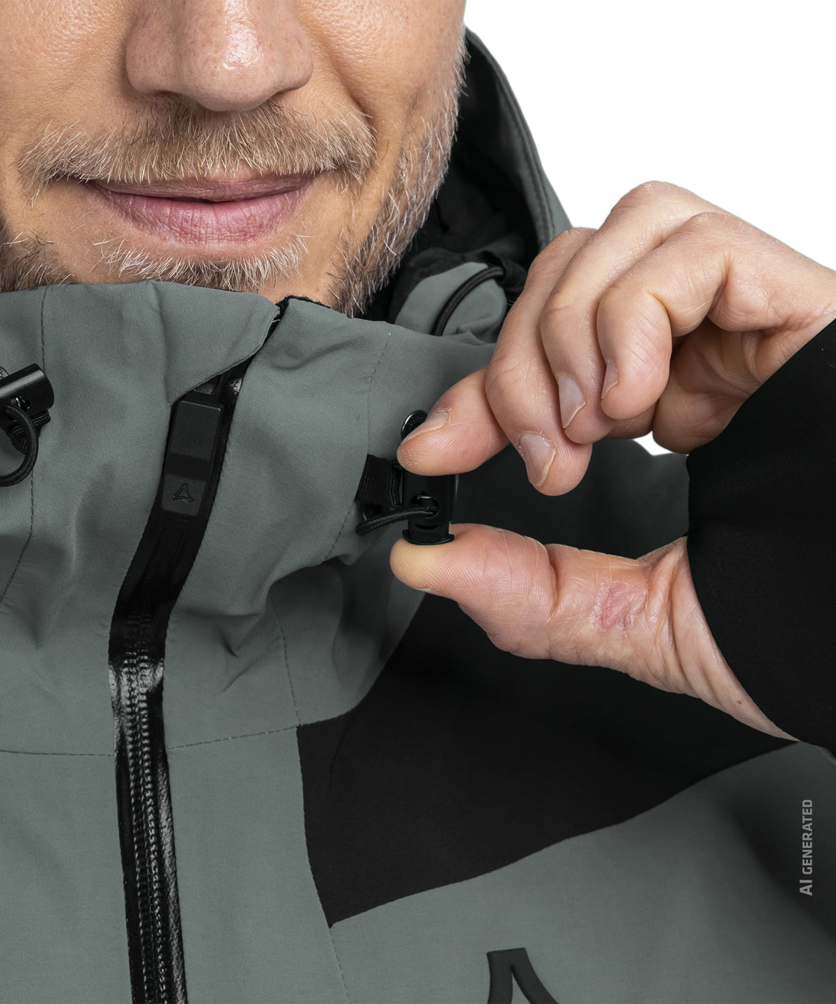 A black adjustable hood clip on the back of a steel grey men’s levivo technical jacket