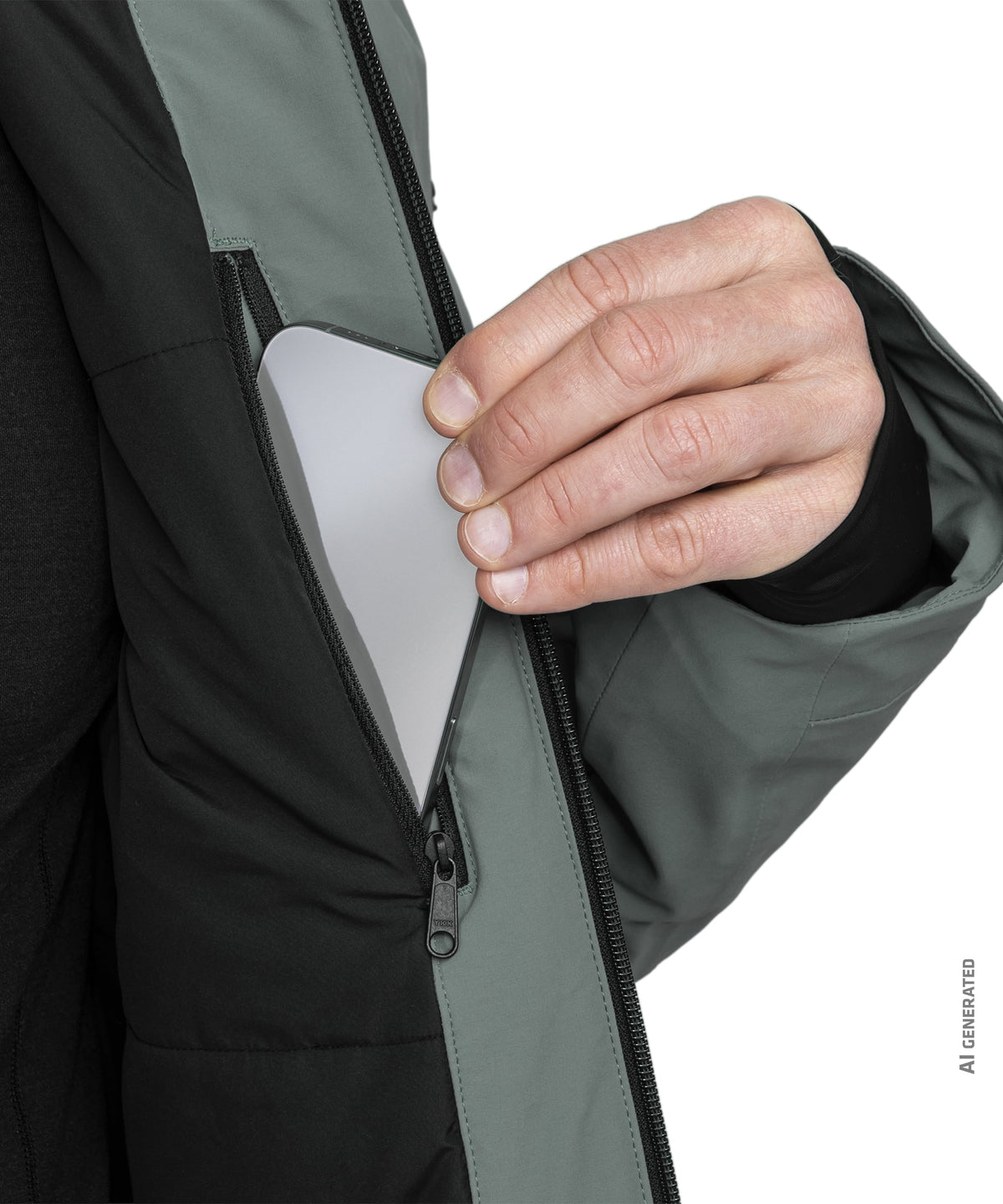 Men’s Levivo jacket steel grey with a sleek matte silver smartphone pulled from a zippered pocket