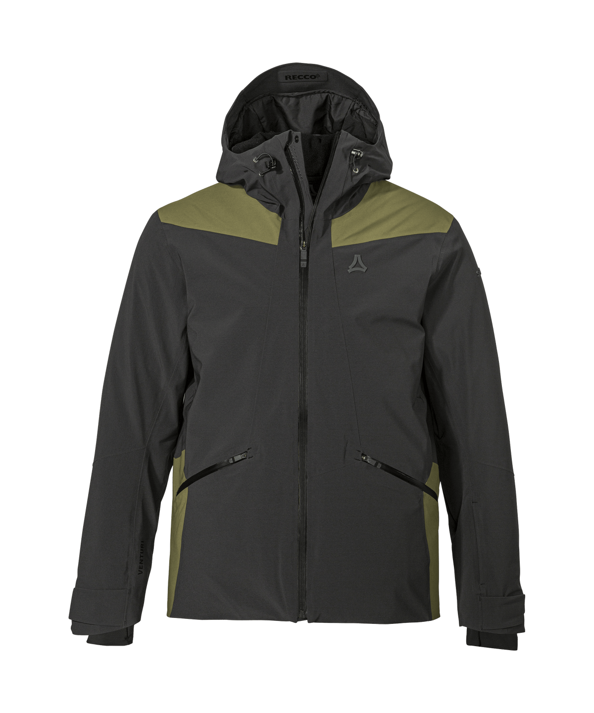 Men’s levivo jacket black with dark gray and olive green two-tone waterproof fabric hood
