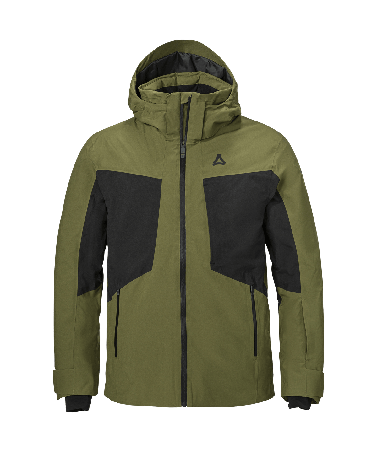 Men’s trifex jacket in olive green and black two-tone with hood front zipper and brand logo