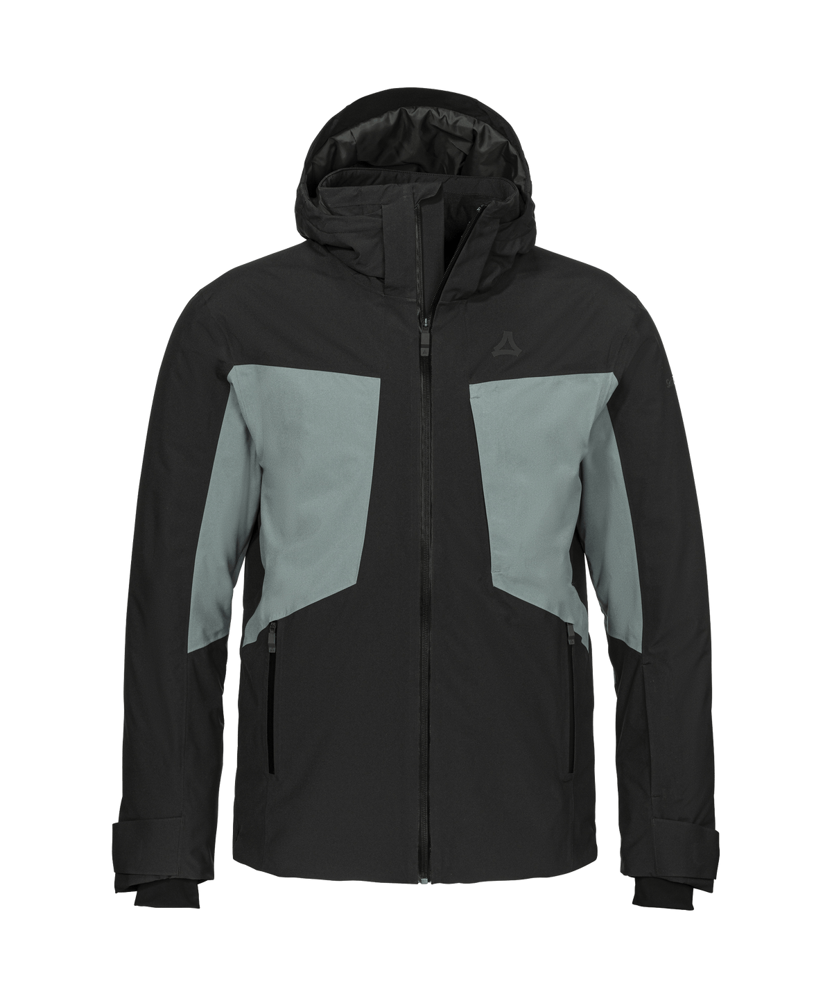 Men’s Trifex jacket black ski jacket with light gray panels hood front zipper and two side pockets