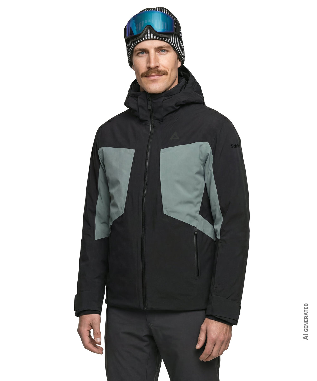 Men’s trifex jacket in black and gray with hood, zippered front