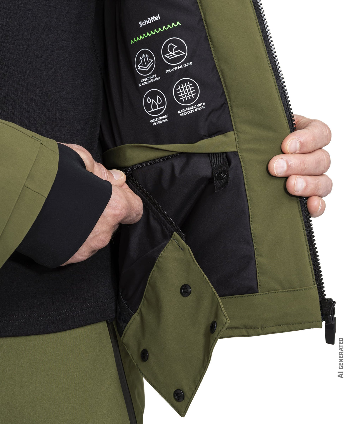Men’s Lumineo olive green schoffel waterproof jacket with black inner lining and reinforced