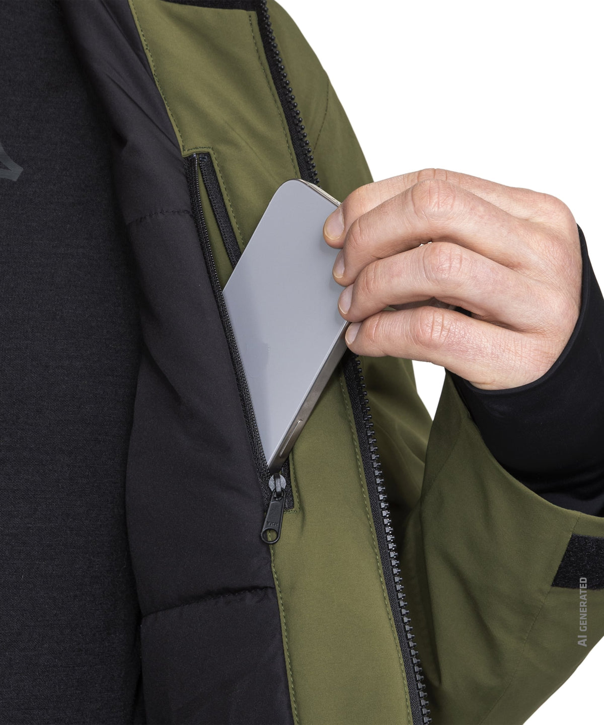 A sleek matte gray smartphone being pulled from the zippered pocket of a men’s Lumineo jacket