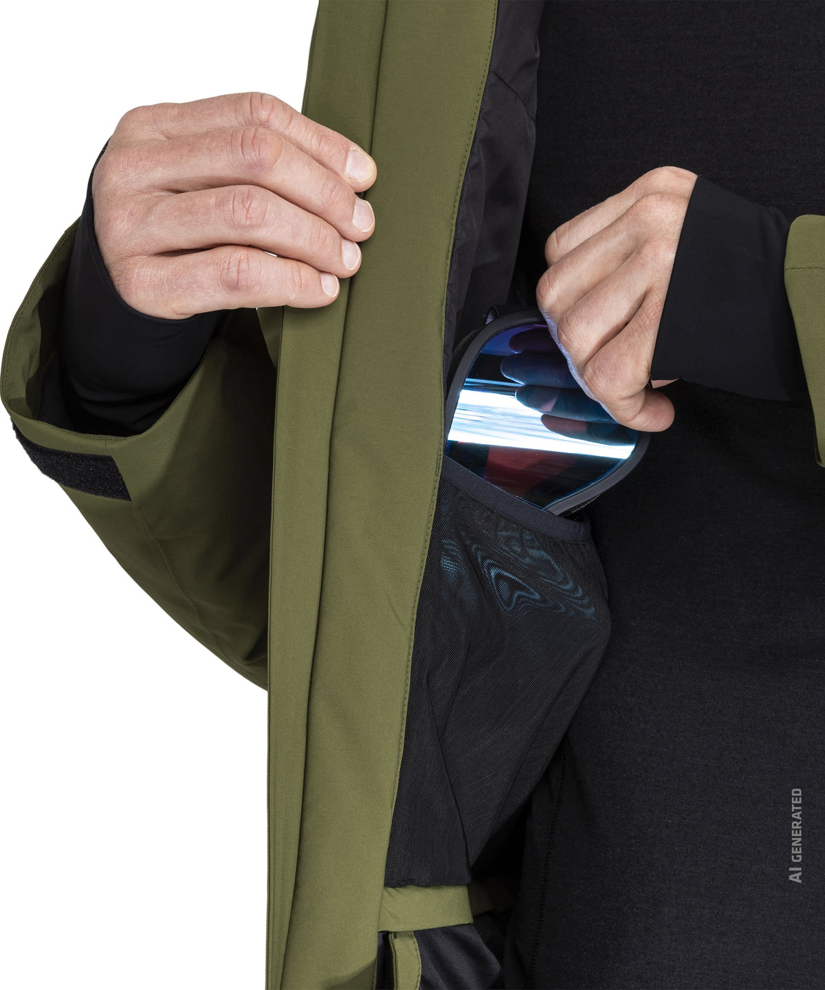 Men’s Lumineo insulated jacket in olive green and black with a reflective visor nestled in its