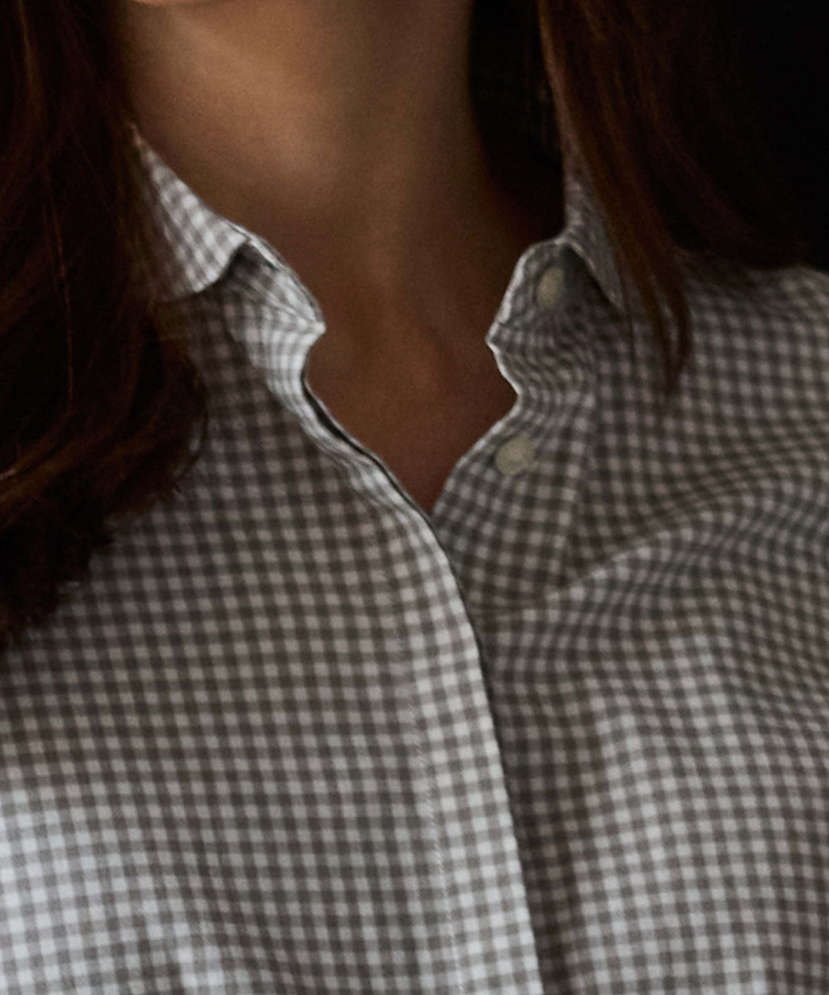 Flora gingham shirt sage green button-down with classic collar in gray and white gingham pattern
