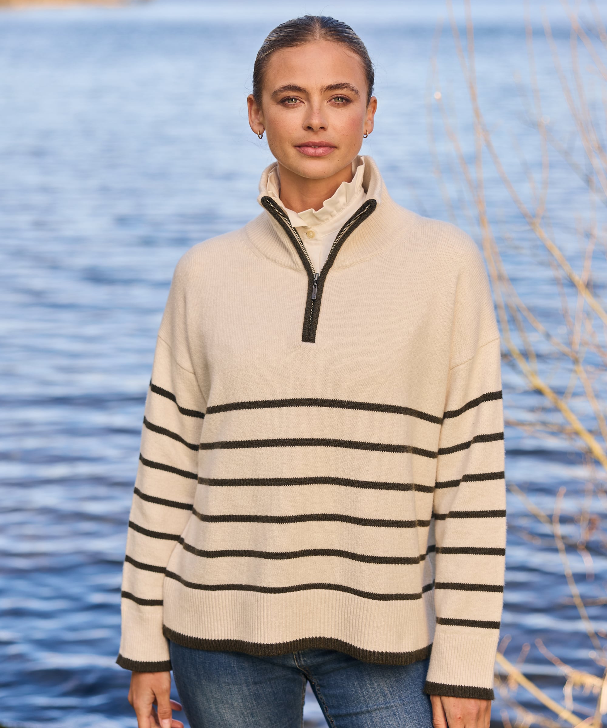Sandsend Quarter Zip Jumper - Soft White/Loden