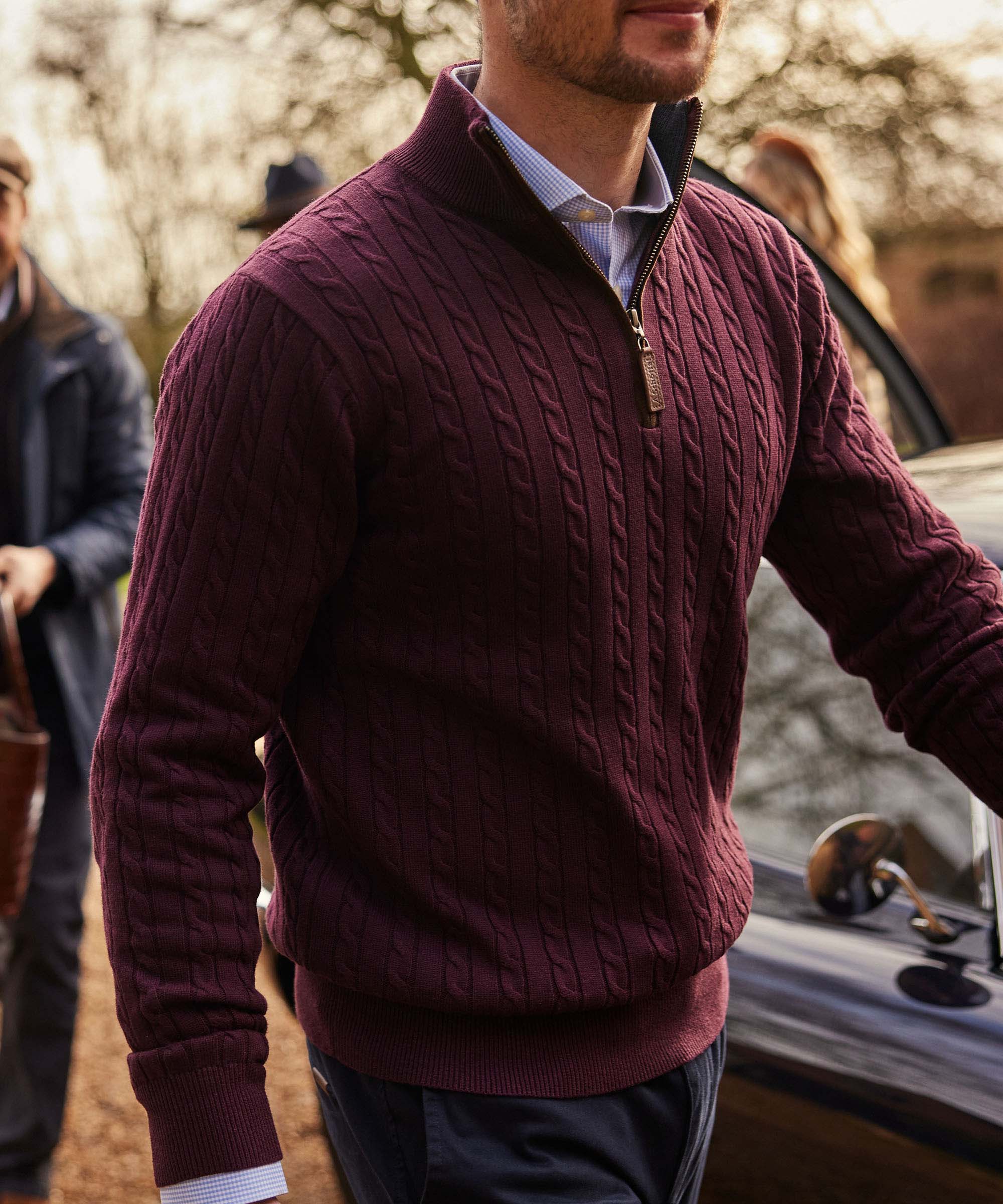 Men's Calton Cotton Cable Quarter Zip Sweater Red | Schffel Country US Men's Calton Cotton Cable Quarter Zip Sweater Red | Schffel Country US