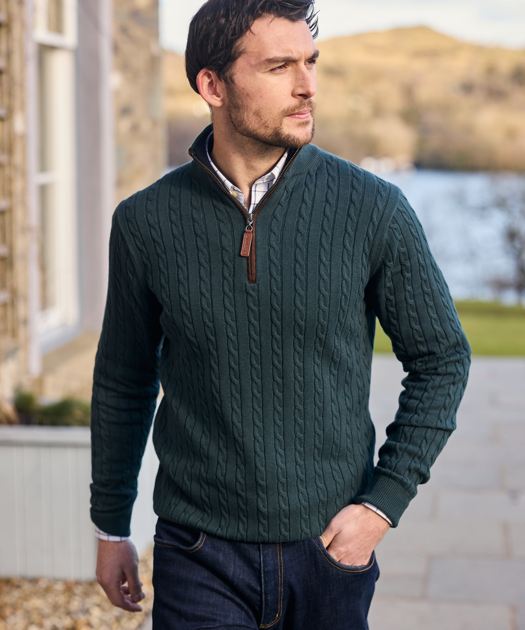 Calton Cotton Cashmere Cable Quarter Zip Jumper - Botanical Green