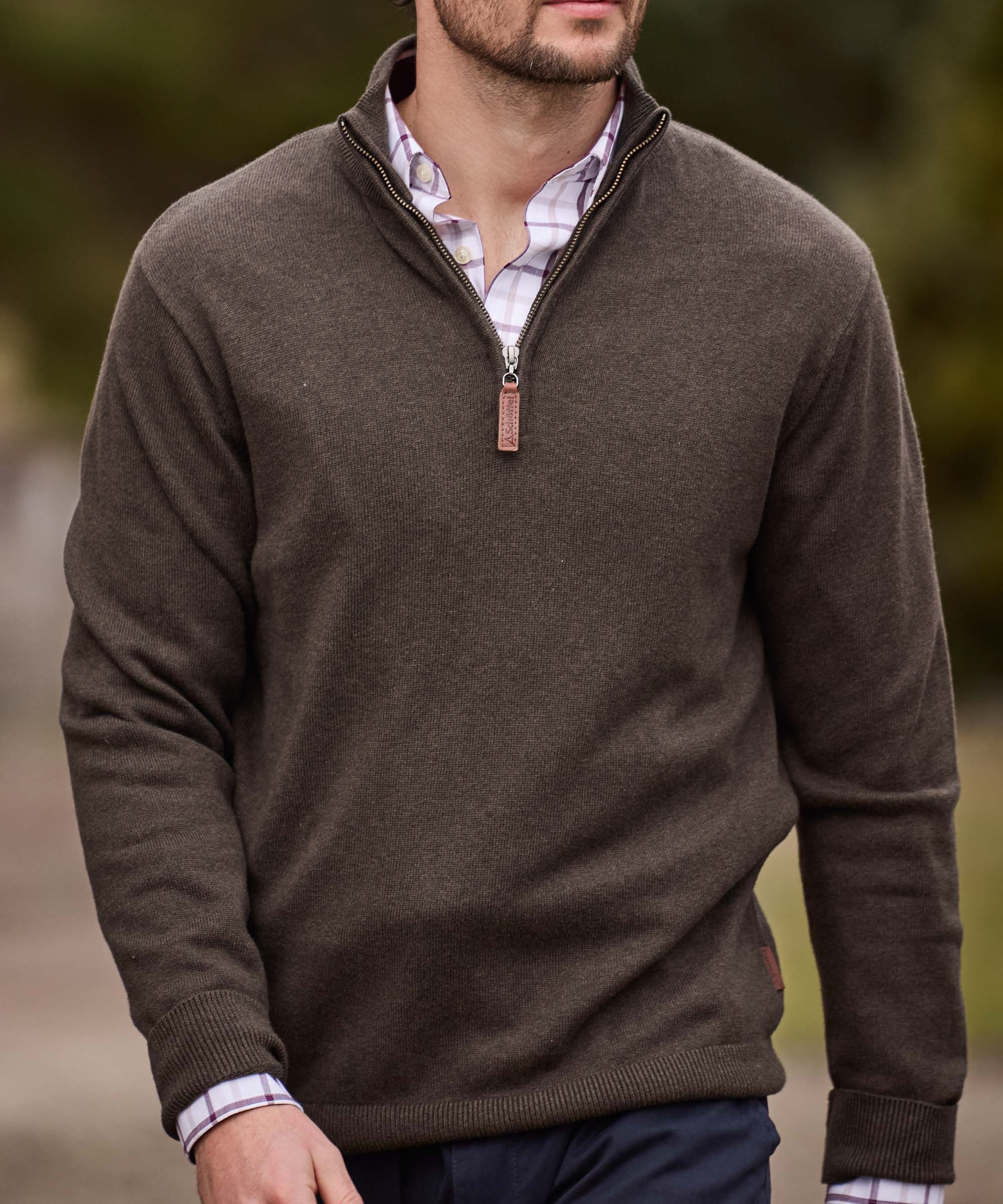 Mens Calton Cotton Cashmere Quarter Zip Sweater Green | Schöffel
