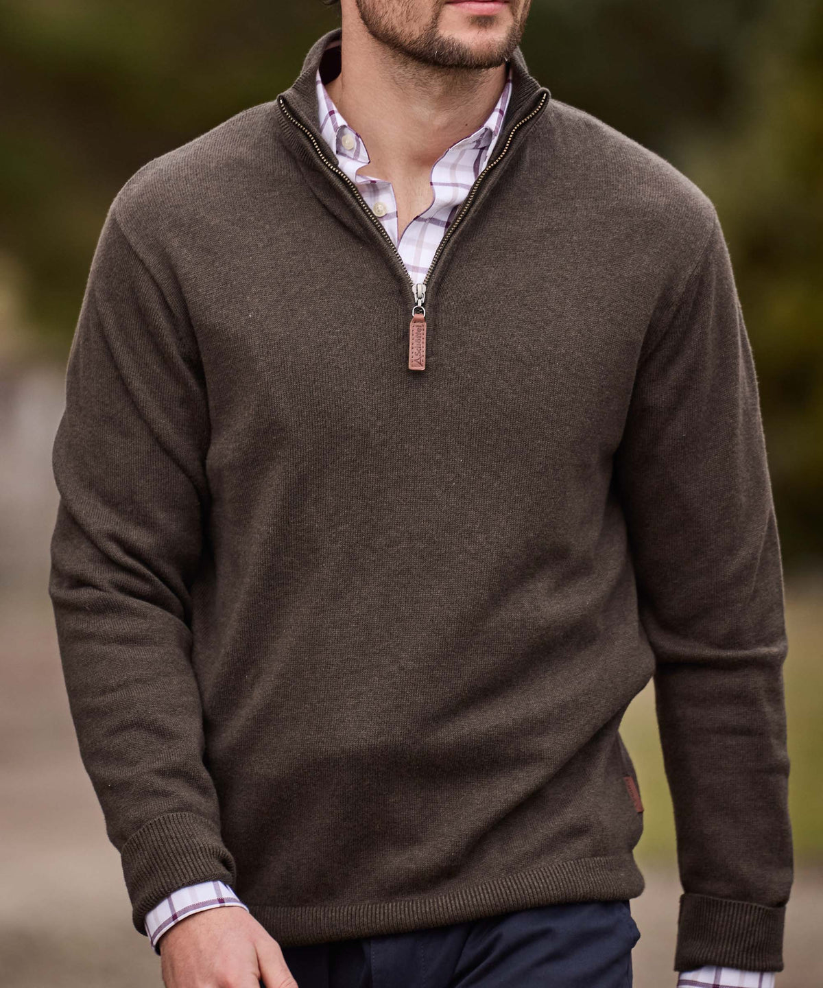Calton cotton cashmere quarter zip jumper in loden green with ribbed collar and cuffs made from