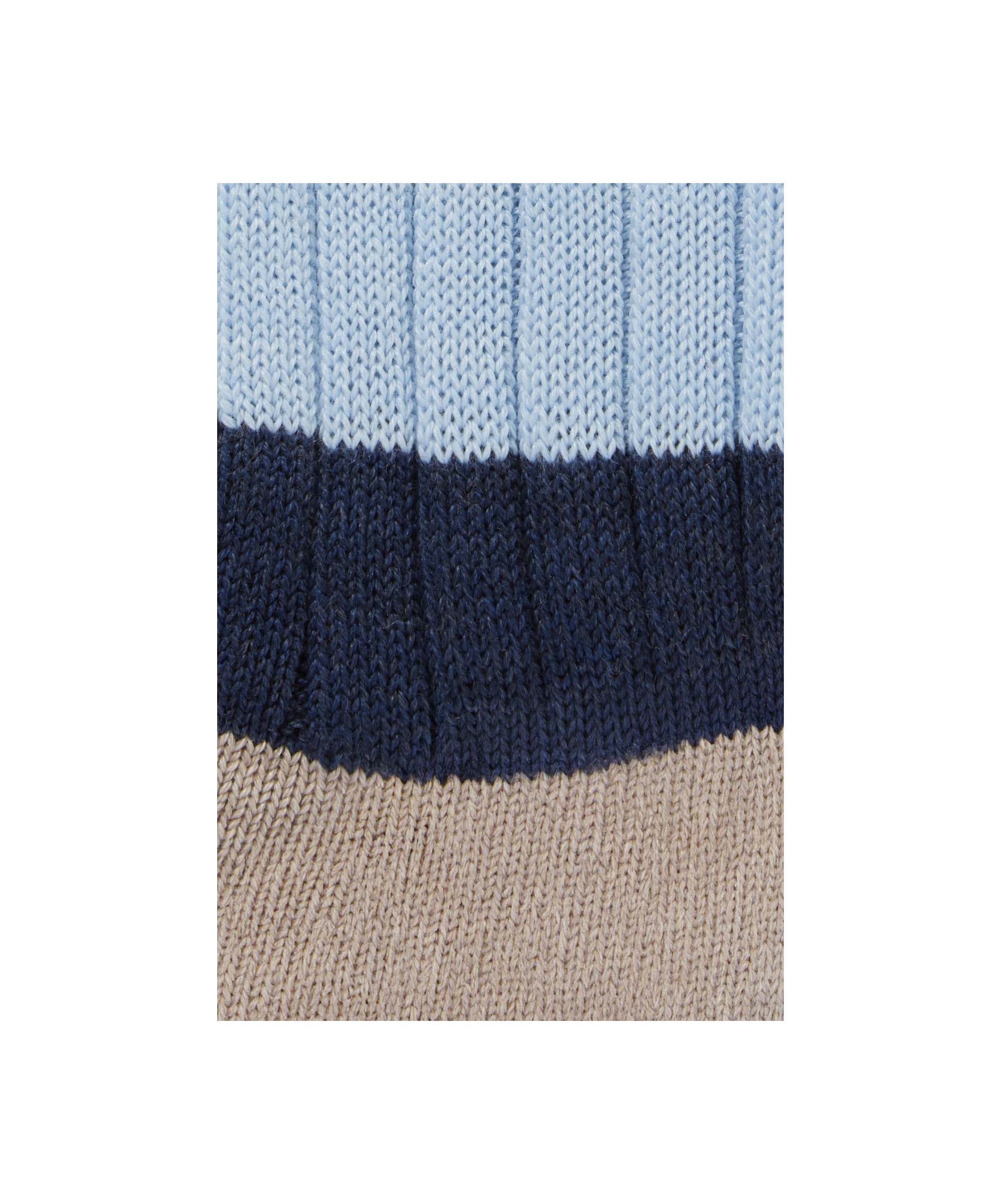 Close-up of a knitted socks with blue, navy, and beige stripes on a white background
