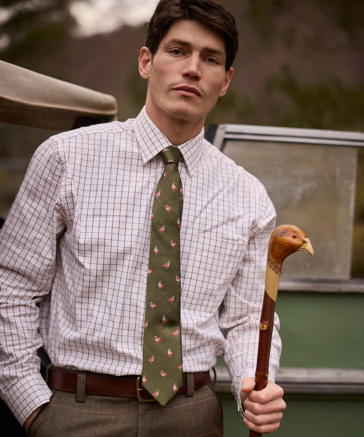 Olive green tie with subtle pattern of small reddish-brown birds paired with burnham tattersall