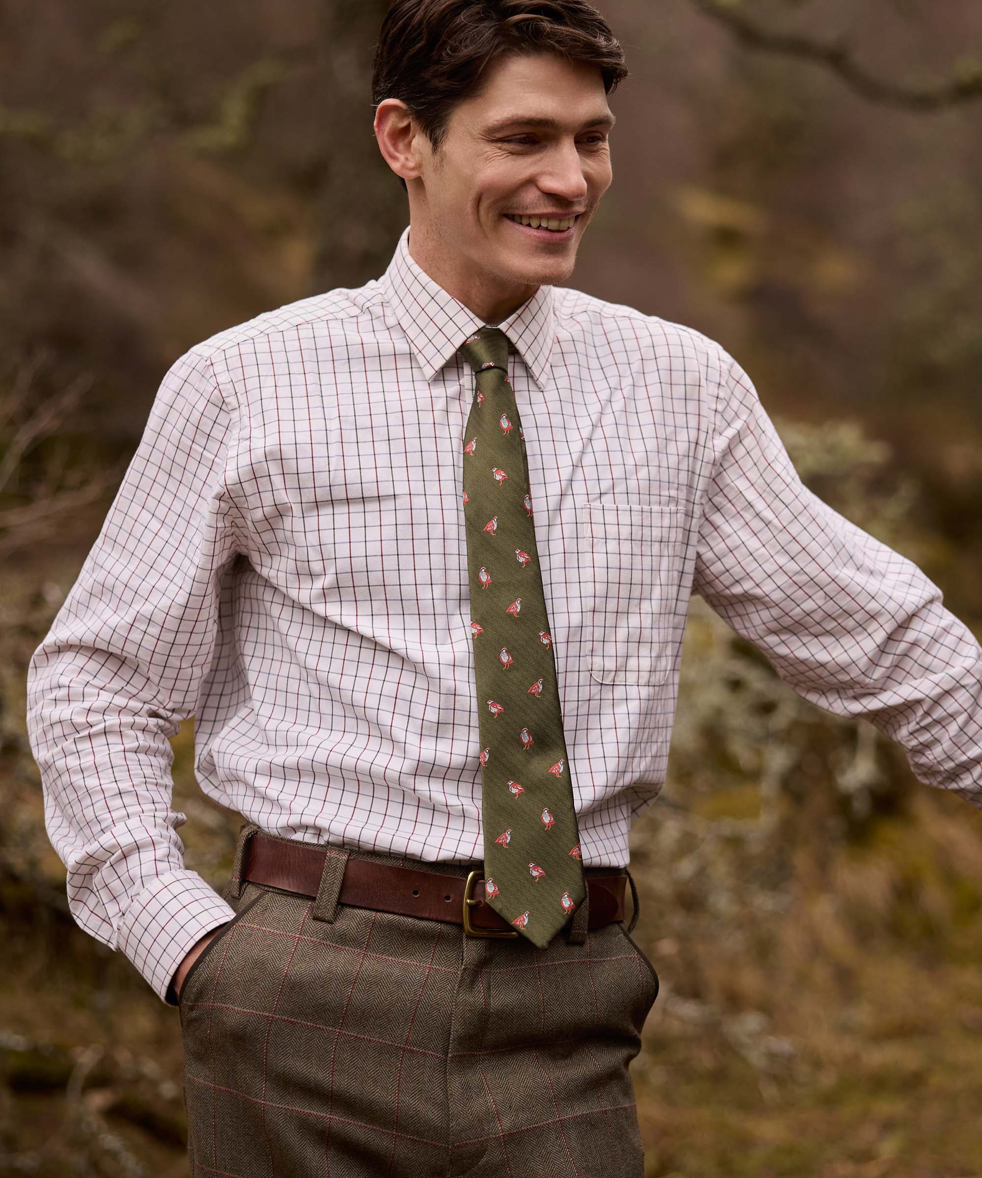 Olive green tie with pink bird pattern paired with burnham tattersall classic shirt in dark olive