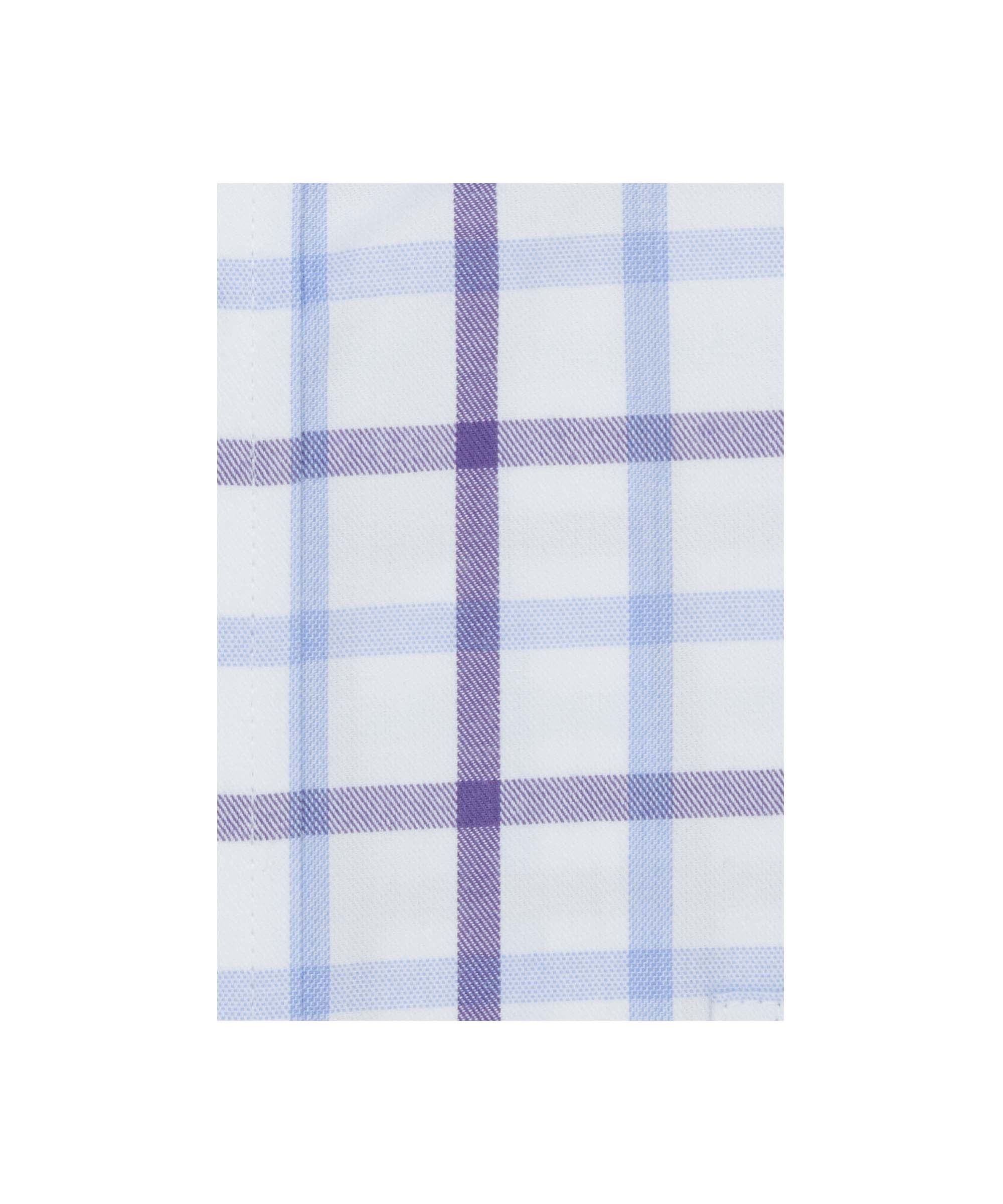 Close up of a checked fabric with blue and purple lines on a white background