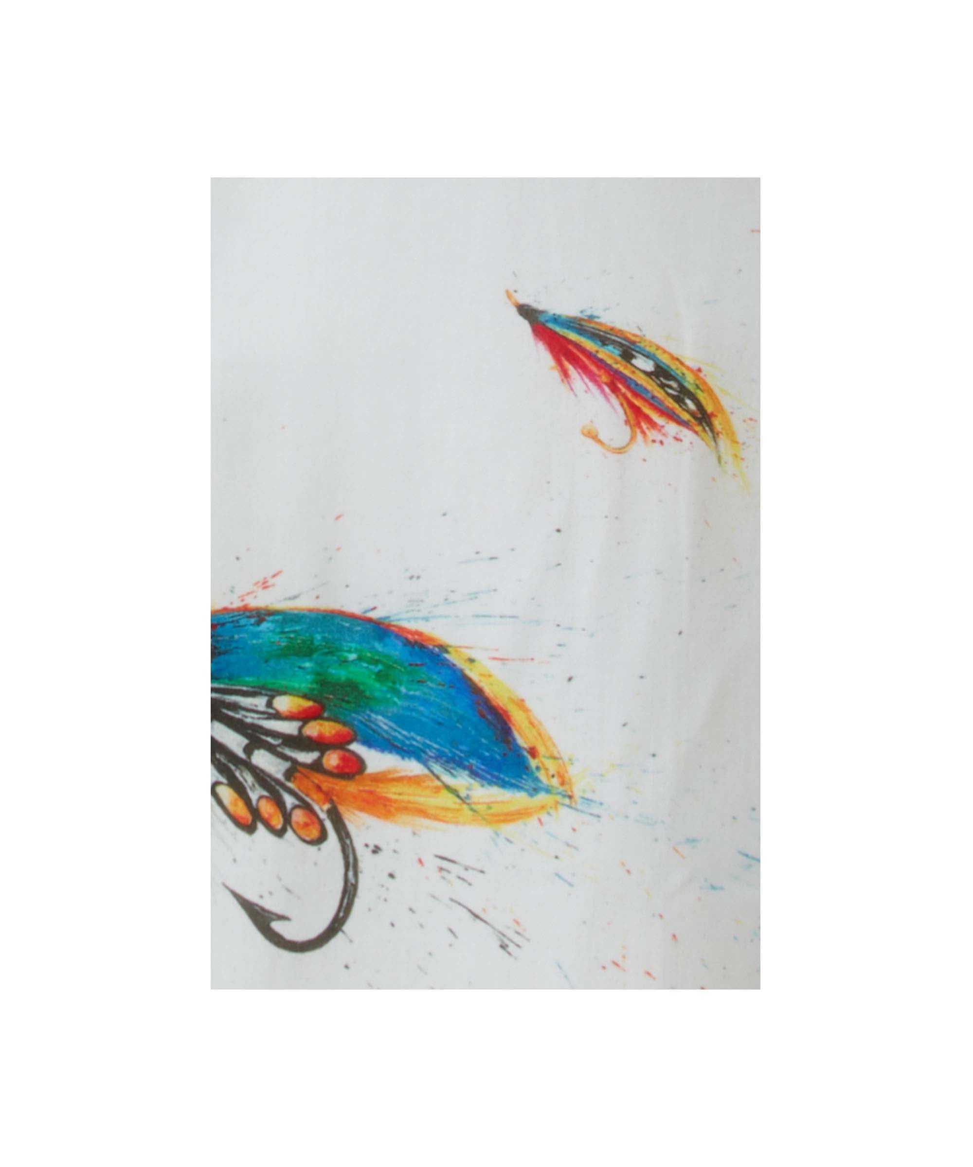 Close up of a shirt showing colourful fishing lures on a white background