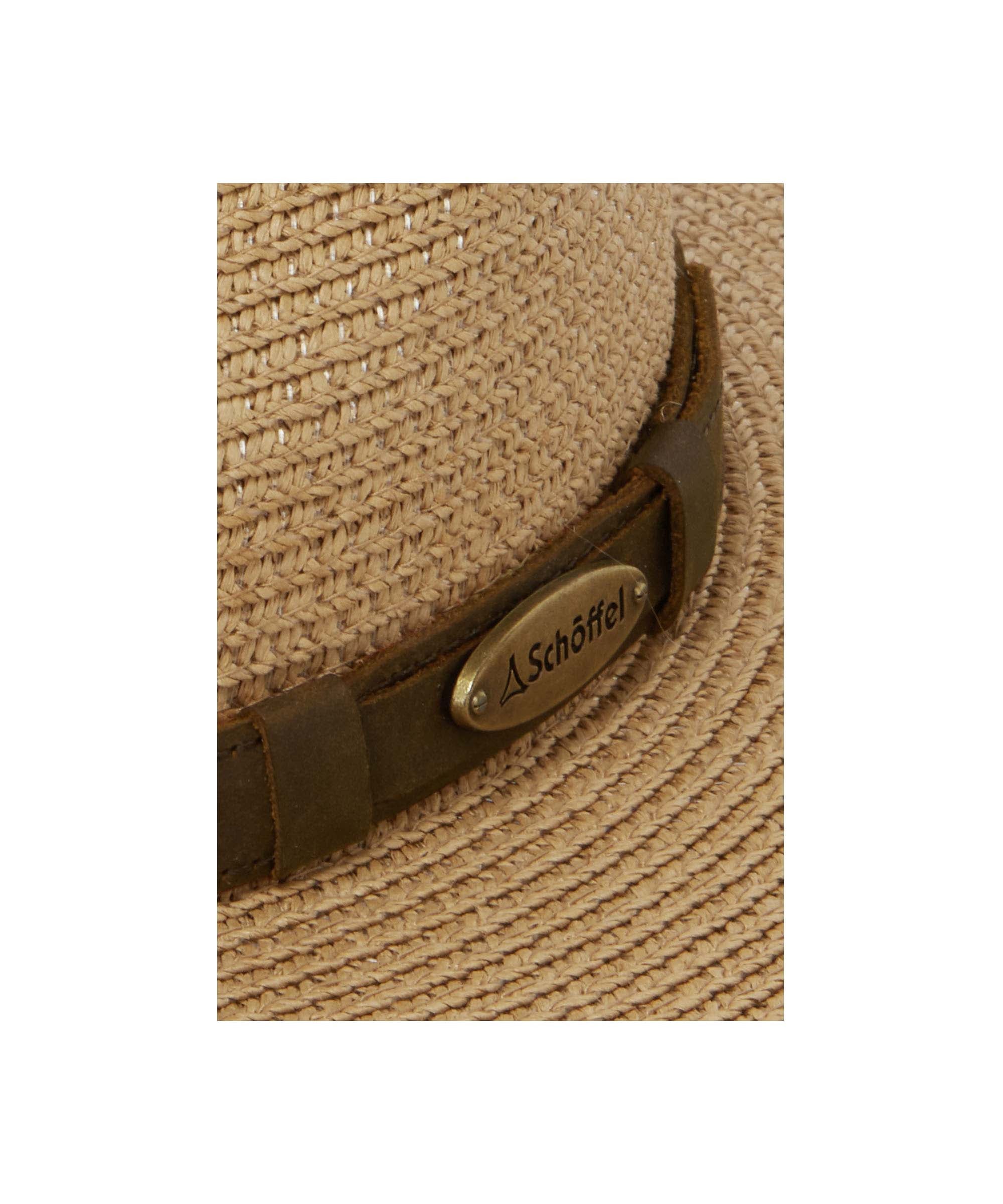 Close-up of a straw hat with a brown band and Schöffel logo on a white background